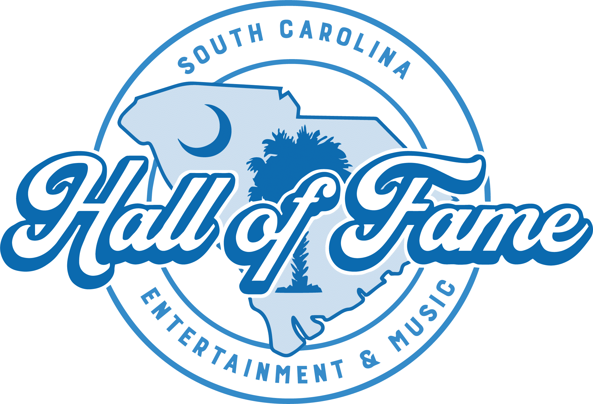 Logo for the South Carolina Entertainment & Music Hall of Fame featuring a blue outline of the state with a palmetto tree and crescent moon, and bold script text reading Hall of Fame. Logo for the South Carolina Entertainment & Music Hall of Fame featuring a blue outline of the state with a palmetto tree and crescent moon, and bold script text reading Hall of Fame.